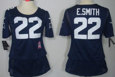 Nike Dallas Cowboys #22 Emmitt Smith Breast Cancer Awareness Navy Blue Womens Jersey 