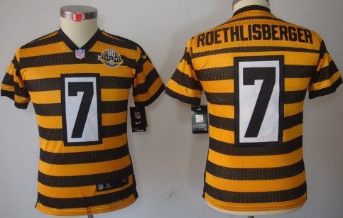 Nike Pittsburgh Steelers #7 Ben Roethlisberger Yellow With Black Throwback 80TH Kids Jersey 