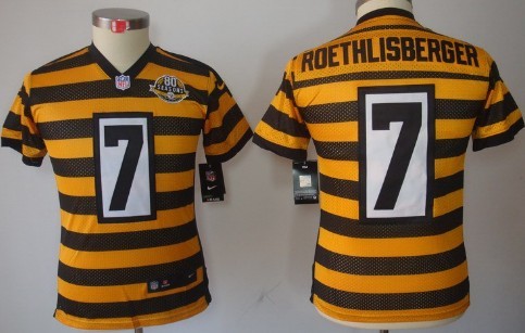 Nike Pittsburgh Steelers #7 Ben Roethlisberger Yellow With Black Throwback 80TH Kids Jersey 