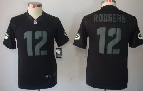 Nike Green Bay Packers #12 Aaron Rodgers Black Impact Limited Kids Jersey 
