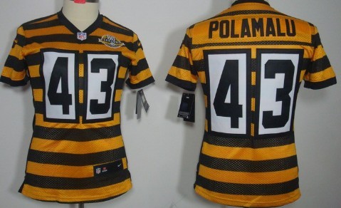Nike Pittsburgh Steelers #43 Troy Polamalu Yellow With Black Throwback 80TH Womens Jersey 