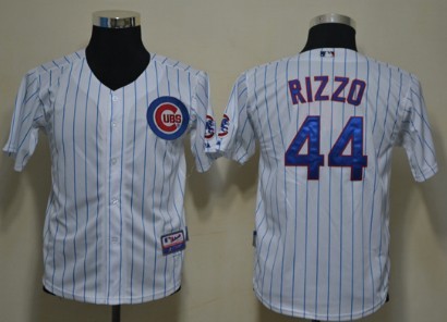 Chicago Cubs #44 Anthony Rizzo White Pinstirpe Kids Jersey 