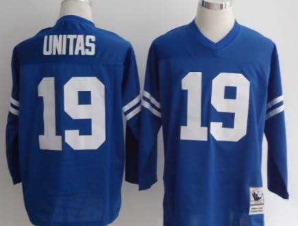 Indianapolis Colts #19 Johnny Unitas Blue Long-Sleeved Throwback Jersey 