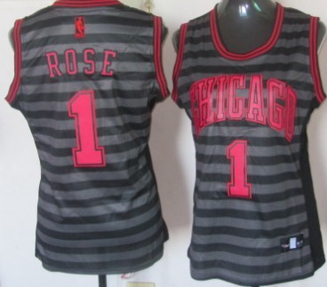 Chicago Bulls #1 Derrick Rose Gray With Black Pinstripe Womens Jersey