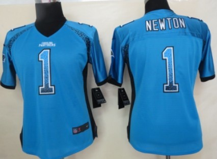Nike Carolina Panthers #1 Cam Newton Drift Fashion Blue Womens Jersey 