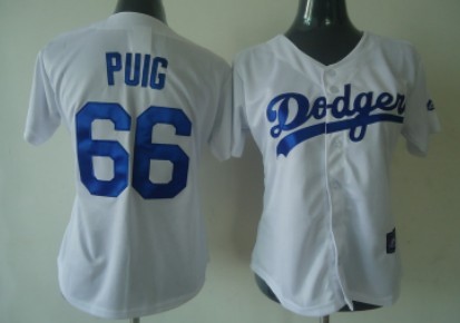 Los Angeles Dodgers #66 Yasiel Puig White With Blue Womens Jersey