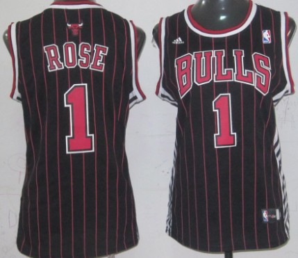 Chicago Bulls #1 Derrick Rose Black Pinstripe Womens Jersey 