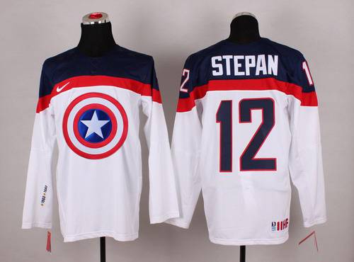 2015 Men's Team USA #12 Derek Stepan Captain America Fashion White Jersey