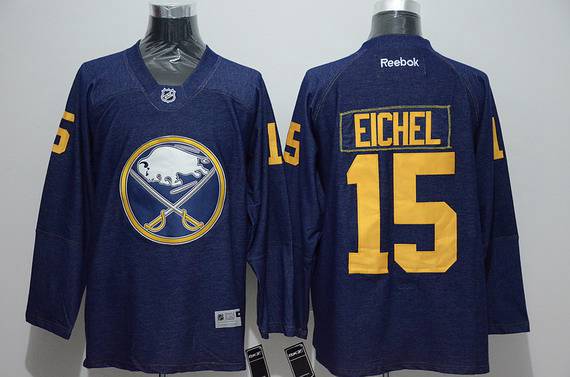 Men's Buffalo Sabres #15 Jack Eichel Navy Blue Denim Fabric Fashion Jersey