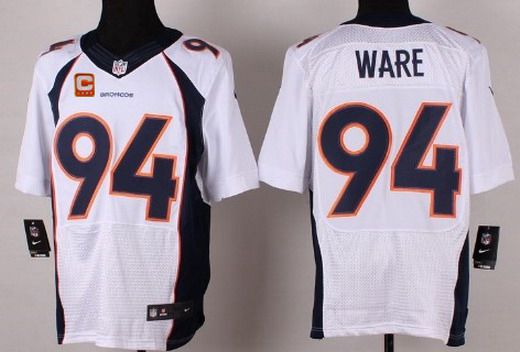 Men's Denver Broncos #94 DeMarcus Ware White Road C Patch NFL Nike Elite Jersey