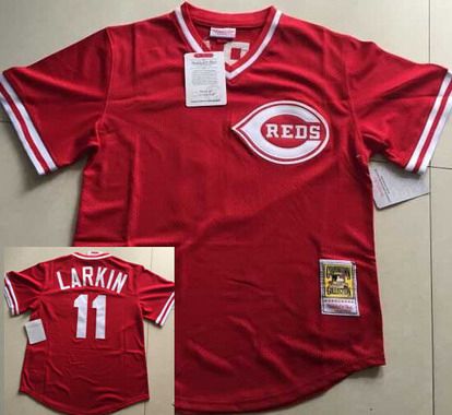 Men's Cincinnati Reds #11 Barry Larkin Mesh BP Red Throwback Jersey