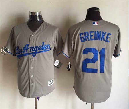 Men's Los Angeles Dodgers #21 Zack Greinke Away Gray 2015 MLB Cool Base Jersey