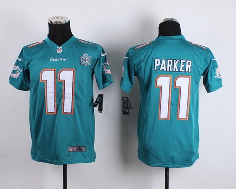 Youth Miami Dolphins #11 DeVante Parker Aqua Green Team Color 2015 NFL 50th Patch Nike Game Jersey