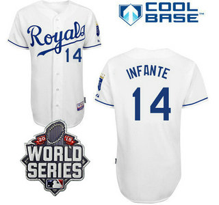 Men's Kansas City Royals #14 Omar Infante White Home Baseball Jersey With 2015 World Series Patch