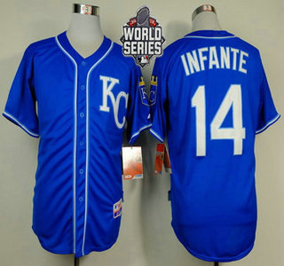 Men's Kansas City Royals #14 Omar Infante KC Blue Alternate Baseball Jersey With 2015 World Series Patch