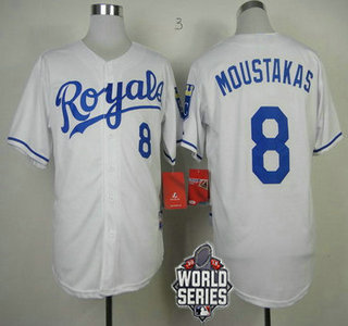 Men's Kansas City Royals #8 Mike Moustakas White Home Baseball Jersey With 2015 World Series Patch