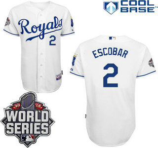 Men's Kansas City Royals #2 Alcides Escobar White Home Baseball Jersey With 2015 World Series Patch