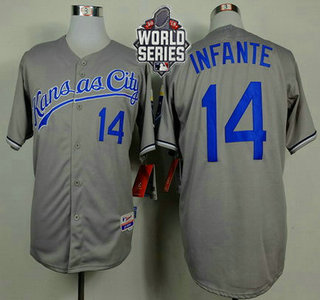 Men's Kansas City Royals #14 Omar Infante Gray Away Baseball Jersey With 2015 World Series Patch