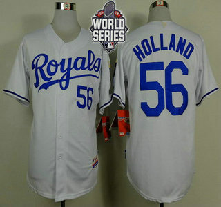 Men's Kansas City Royals #56 Greg Holland White Home Baseball Jersey With 2015 World Series Patch