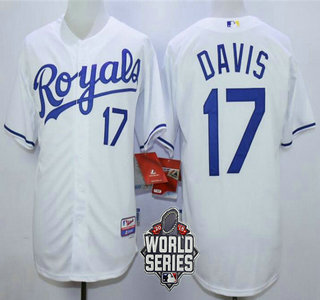 Men's Kansas City Royals #17 Wade Davis White Home Baseball Jersey With 2015 World Series Patch
