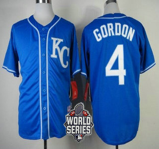 Men's Kansas City Royals #4 Alex Gordon KC Blue Alternate Baseball Jersey With 2015 World Series Patch