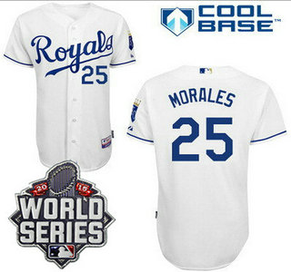 Men's Kansas City Royals #25 Kendrys Morales White Home Baseball Jersey With 2015 World Series Patch