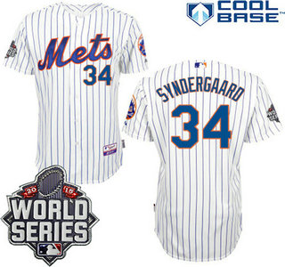 New York Mets Authentic #34 Noah Syndergaard Home White Pinstripe Jersey with 2015 World Series Patch