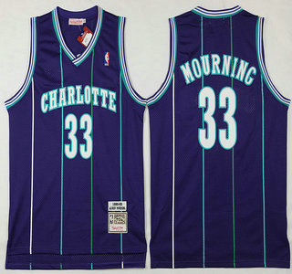 Men's Charlotte Hornets #33 Alonzo Mourning 1992-93 Purple Hardwood Classics Soul Swingman Throwback Jersey