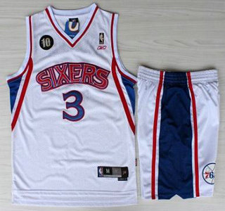 Philadelphia 76ers #3 Allen Iverson White 10th Throwback Soul Swingman NBA Jersey Short Suits