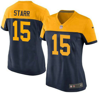 Women's Green Bay Packers #15 Bart Starr Navy Blue With Gold NFL Nike Game Jersey