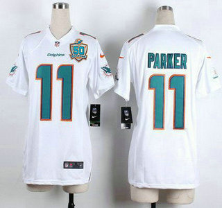 Women's Miami Dolphins #11 DeVante Parker White Road 2015 NFL 50th Patch Nike Game Jersey