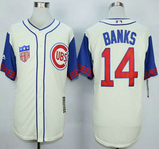 Men's Chicago Cubs #14 Ernie Banks Cream With Blue 1942 Turn Back The Clock Jersey
