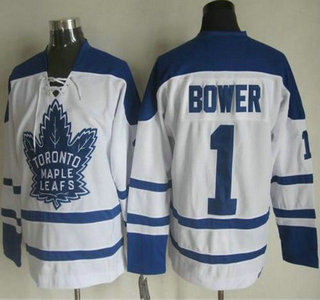 Men's Toronto Maple Leafs #1 Johnny Bower 1998-99 White CCM Vintage Throwback Jersey