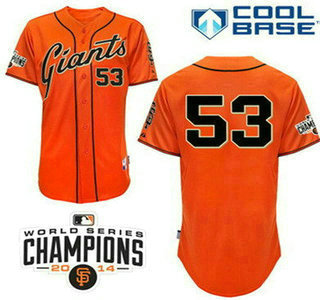 Men's San Francisco Giants #53 Chris Heston Alternate Orange Stitched MLB Cool Base Jersey With 2014 World Series Champions Patch