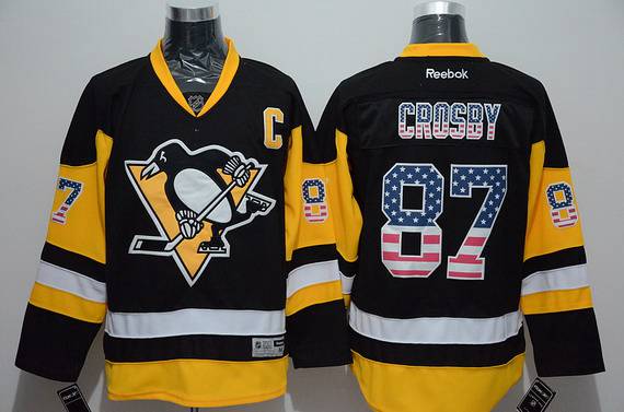 Men's Pittsburgh Penguins #87 Sidney Crosby Reebok Black Third NHL USA Flag Fashion Jersey