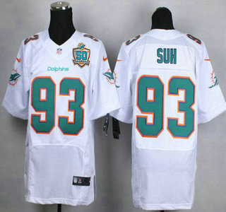 Men's Miami Dolphins #93 Ndamukong Suh White Road 2015 NFL 50th Patch Nike Elite Jersey