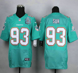 Men's Miami Dolphins #93 Ndamukong Suh Aqua Green Team Color 2015 NFL 50th Patch Nike Elite Jersey