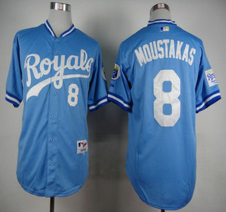 Men's Kansas City Royals #8 Mike Moustakas 1985 Turn Back The Clock Blue Jersey