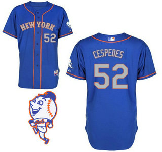 Men's New York Mets #52 Yoenis Cespedes Alternate Blue With Gray MLB Cool Base Jersey With 2015 Mr. Met Patch