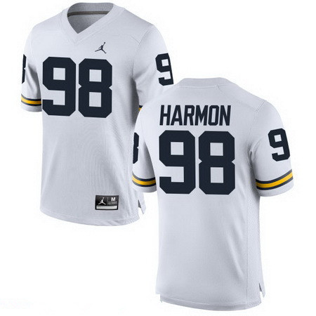Men's Michigan Wolverines #98 Tom Harmon Retired White Stitched College Football Brand Jordan NCAA Jersey