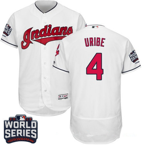 Men's Cleveland Indians #4 Juan Uribe White Home 2016 World Series Patch Stitched MLB Majestic Flex Base Jersey