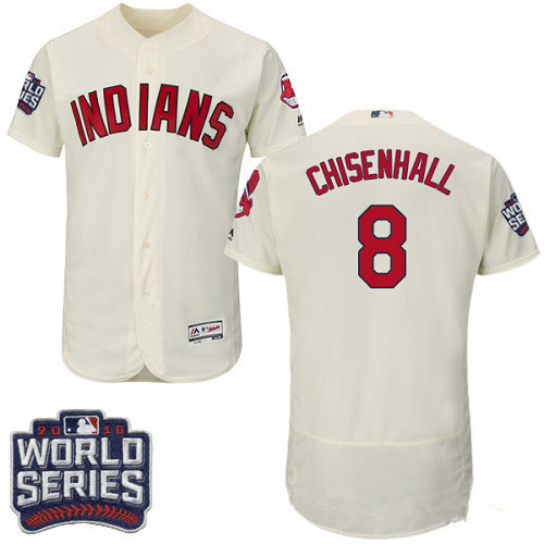 Men's Cleveland Indians #8 Lonnie Chisenhall Cream 2016 World Series Patch Stitched MLB Majestic Flex Base Jersey