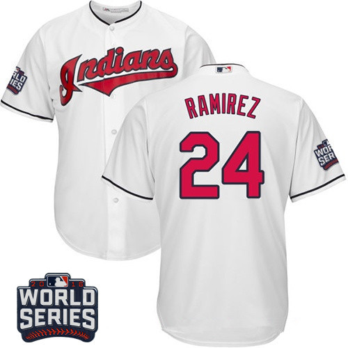 Men's Cleveland Indians #24 Manny Ramirez White Home 2016 World Series Patch Stitched MLB Majestic Cool Base Jersey