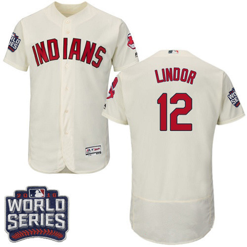 Men's Cleveland Indians #12 Francisco Lindor Cream 2016 World Series Patch Stitched MLB Majestic Flex Base Jersey