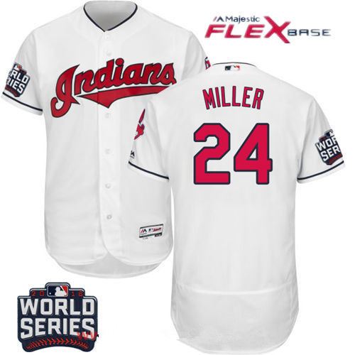 Men's Cleveland Indians #24 Andrew Miller White Home 2016 World Series Patch Stitched MLB Majestic Flex Base Jersey