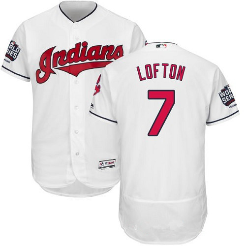 Men's Cleveland Indians #7 Kenny Lofton White Home 2016 World Series Patch Stitched MLB Majestic Flex Base Jersey