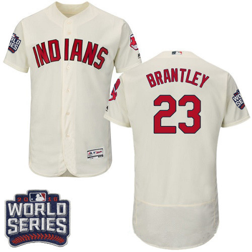 Men's Cleveland Indians #23 Michael Brantley Cream 2016 World Series Patch Stitched MLB Majestic Flex Base Jersey