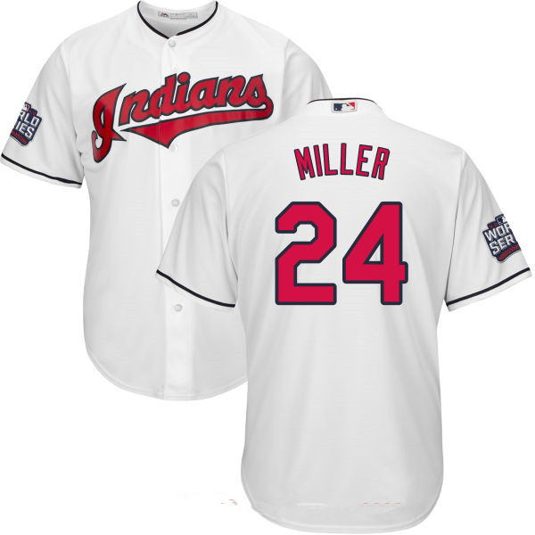 Men's Cleveland Indians #24 Andrew Miller White Home 2016 World Series Patch Stitched MLB Majestic Cool Base Jersey
