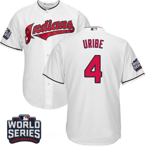 Men's Cleveland Indians #4 Juan Uribe White Home 2016 World Series Patch Stitched MLB Majestic Cool Base Jersey