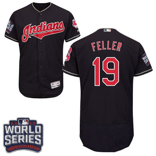 Men's Cleveland Indians #19 Bob Feller Navy Blue 2016 World Series Patch Stitched MLB Majestic Flex Base Jersey